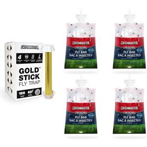 imageCatchmaster Fly Trap Bundle Gold Stick 4Pack ampamp Fly Bag 4Pack Fruit Fly Traps for Indoors ampamp Outdoors for Garage Backyard Pool Patio ampamp Camping